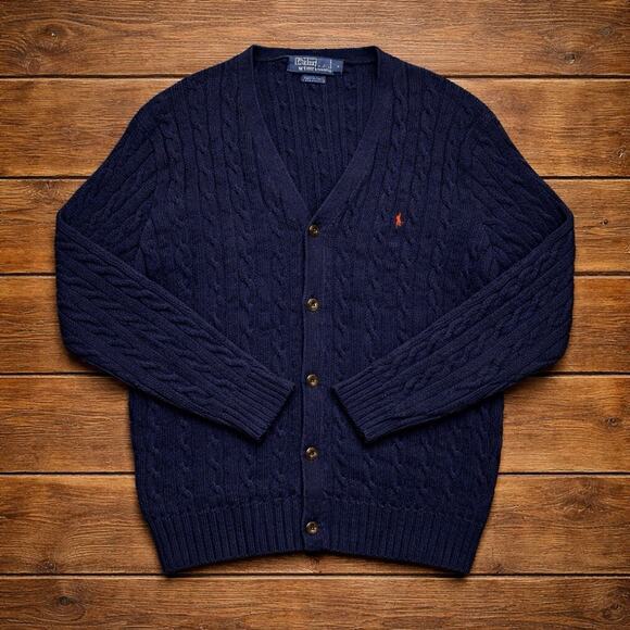 Polo Ralph Lauren Sweaters - Vintage Y2K Polo Ralph Lauren Cardigan Sweater Blue Cable Knit Sz XL